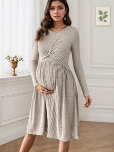Disponibile: Abito <span class=keywords><strong>Premaman</strong></span> a Collo Tondo con Maniche a Lanterna, Vestito Midi Elegante con Nodo Frontale per Allattamento, Ideale per l'Inverno e l'Uso Quotidiano - Product Image 5