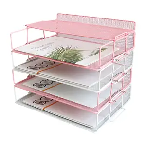 Gemakkelijk Monteren 5-Tier Roze Mesh Desktop File Organizer Document Brief Stapelbaar Lade Houder Voor Kantoor Of Thuis