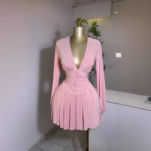 Vestido de Manga Larga con Cuello en V Fruncido Estilo Francés para Mujer |   Vestido Mini Plisado Ajustado a la Cintura - Product Image 3