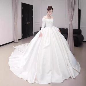 Wedding Dress Off Shoulder Long Sleeve Satin Ball Gown Sweetheart Neckline Natural Waist Vintage Style - Product Image 4