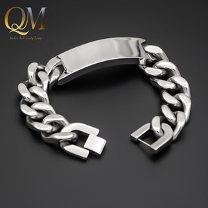 Bracelet en acier inoxydable argenté de 18 mm de large, chaîne <span class=keywords><strong>gourmette</strong></span> avec barre incurvée, gravable, pour homme, style hip-hop, cadeau bijou - Product Image 1