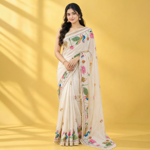 Sari de Algodón Crema con Estampado Floral de Pavo Real Hecho a Mano, Traje Tradicional Indio para Mujer, Largo hasta el Suelo, Corte Regular, Estilo Bollywood - Product Image 1