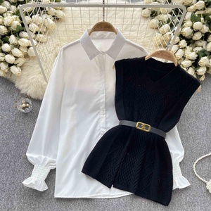 Mode Automne Chic : Gilets en tricot cintrés à la taille et Chemises blanches décontractées à manches longues à revers pour <span class=keywords><strong>femme</strong></span> - Product Image 3