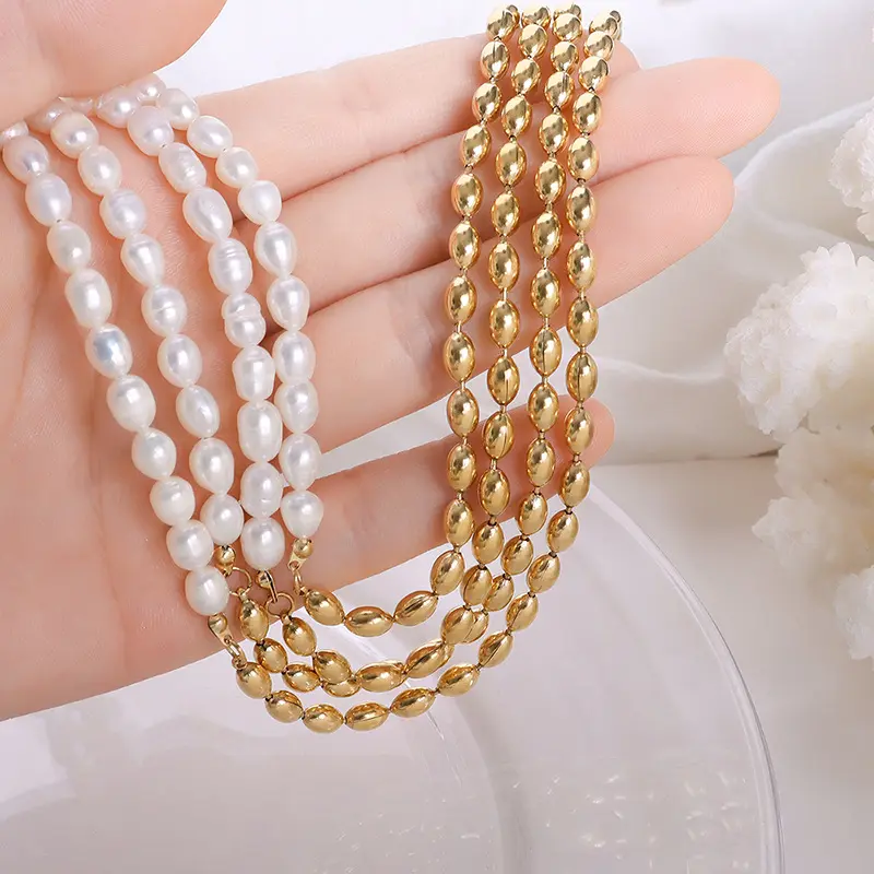 French ins style oval bead chain clavicle chain splice necklace female titanium steel 18k gold natural freshwater pearl necklace