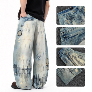 Jean brodé robuste style streetwear américain grande taille pour hommes et femmes, coupe ample et large, style Wasteland, tendance - Product Image 2