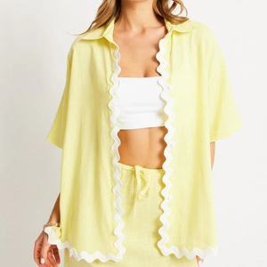 Conjuntos de Dos Piezas para Mujer, Verano, Estilo Casual para el Hogar, Camisas con Borde Ondulado y Pantalones Cortos, Diseño Personalizado de Fábrica - Product Image 2