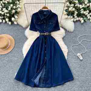 Vestido Midi Vaquero Lavable de Verano para Mujer, Estilo Vintage, con Cuello Vuelto, Manga Corta y Silueta en A, Marca USA Mairun - Product Image 1