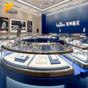 Aménagement de boutique de bijoux de luxe haut de gamme : <span class=keywords><strong>Vitrine</strong></span> en verre bleu avec cadre métallique et comptoir de présentation - Product Image 4