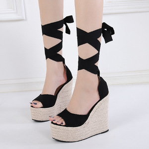 Zapatos De Plataforma De Las Mujeres Zapatillas Yute <span class=keywords><strong>Tobillo</strong></span> Correa Tie up Sexy Sandalias De Plataforma Tacones Altos Zapatos De Cuña Para Damas - Product Image 3
