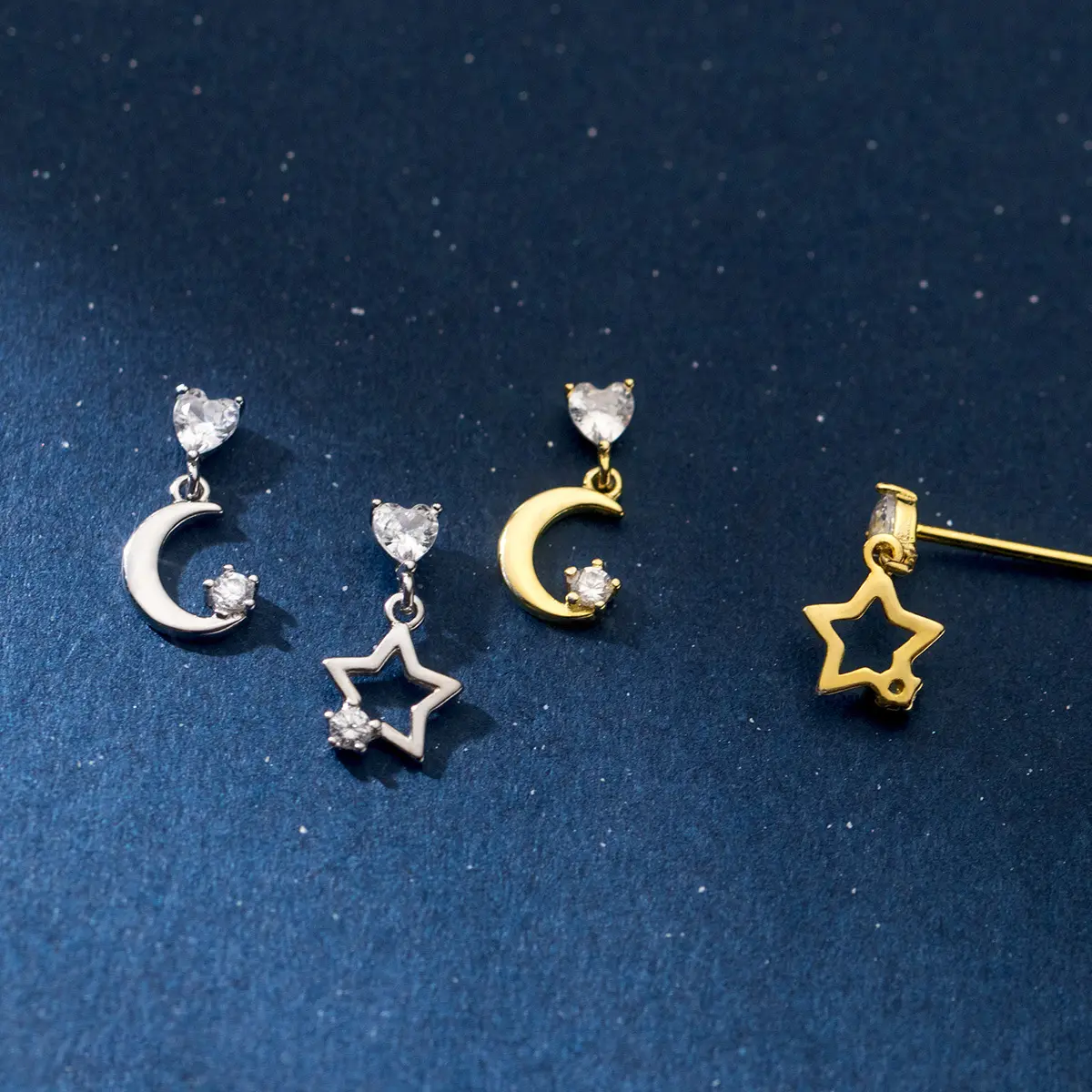 S925 Ohr stecker aus Sterling silber mit asymmetrischen Diamant-Mini-Stern-und Mond ohrringen für Frauen
