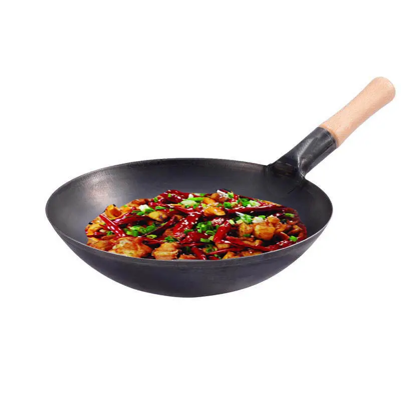 Padella wok in acciaio al carbonio con padella in acciaio al carbonio con manico in legno saldato