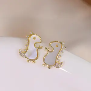 C214 Fun and Cute Cartoon Dinosaur Earrings with Natural Shell and CZ Stones