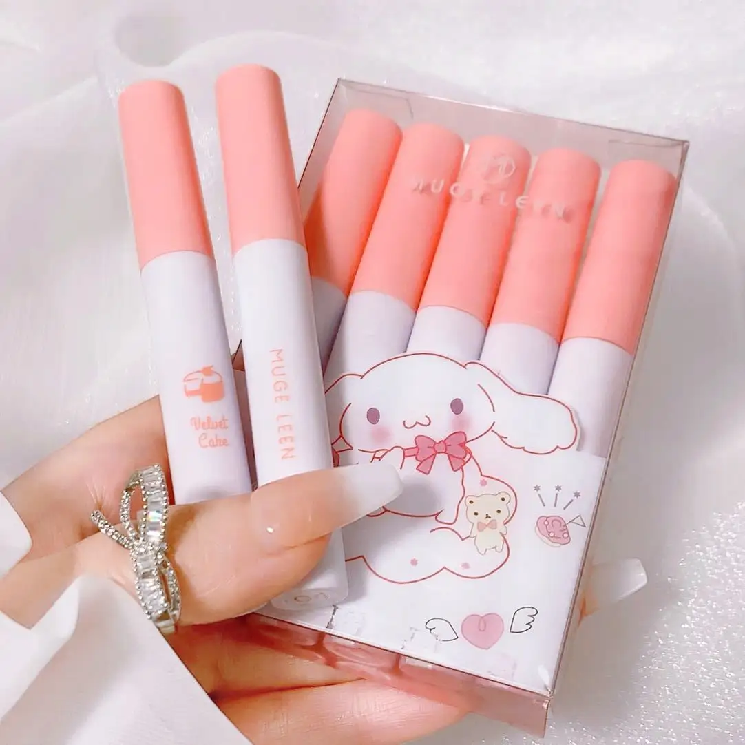 MUGELEEN set lip glaze, lipstik matte, kabut-top beludru, pesta siswa, tidak ada warna pudar, set lip gloss cangkir merah