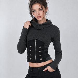 T-shirt court côtelé à col montant et manches longues pour femme, avec détails de patchwork et fermeture éclair à la taille, extensible, coupe décontractée, style streetwear - Product Image 4