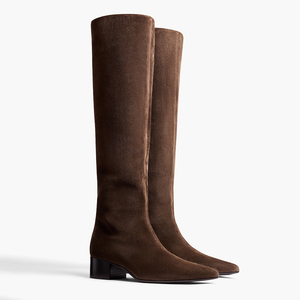 Sofisticati Stivali Alti al Ginocchio a Punta in Morbida Pelle PU Marrone Scamosciata con Tacco Basso a Blocco per Donna - Ingrosso OEM ODM - Product Image 2