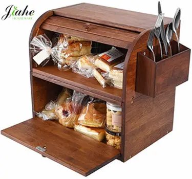 Kotak Roti 2 Lapis Bambu untuk Penyimpanan Makanan Dapur, Tempat Penyimpanan Roti Kayu Dapat Digunakan Sebagai 2 Tempat Sampah Roti Individu