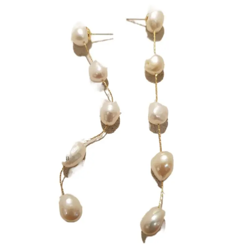 Artilady S925 Freshwater Pearl Jewelry 14k Gold Plated Pearls Stud Earrings Dangle Long Drop Baroque Bride Earrings For Ladies