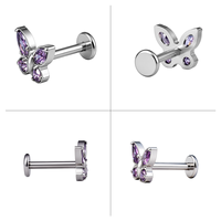 Piercing de cartilage ASTM F136 G23 en titane, motif papillon, avec zircone cubique (CZ) violette, taille marquise et ronde, 16G, à filetage interne et dos plat