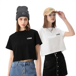 เสื้อครอปท็อปผู้หญิง สีพื้น คอกลม แขนสั้น สไตล์ลำลอง พิมพ์ลายโลโก้ ผ้าฝ้ายเจอร์ซีย์ 100% ระบายอากาศได้ดี เหมาะสำหรับฤดูใบไม้ผลิ ผ้ายืดสแปนเด็กซ์ - Product Image 1