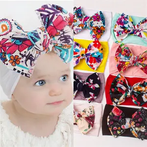 Elastic bows baby turban headwrap Soft colorful bullet fabric headband Baby Girl Hairband Floral Print Headband
