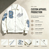 Nouvelle Arrivée 2026 – Blouson Bomber Unisexe à Revers avec Broderie Lettre R en Chenille et Motif Flamme Rose, Boutonné Blanc ODM