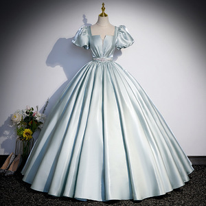 Evening Gown Square Collar Puff Skirt Ball Gown Blue Gray Light Green Natural Waistline Art Exam Party Dress - Product Image 4
