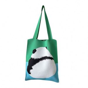 Bolso de Hombro de Punto con Diseño de Panda de Dibujos Animados, Bolso Tote de Ganchillo Floral para Mujer - Product Image 5