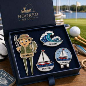 Vente en gros de marqueurs de balle de golf magnétiques en alliage de zinc, de qualité supérieure, avec logo personnalisé, motifs pêcheur, golf, voilier, vague, et clip de chapeau, livrés en coffret cadeau - Product Image 1