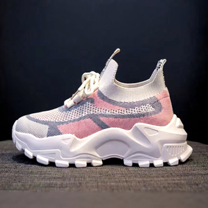 Dad Shoes Mixed Colors Fly Knit Mesh Upper Breathable Lace Up <b>Platform</b> Sneakers Round Toe Rubber Outsole EVA Midsole - Product Image 1