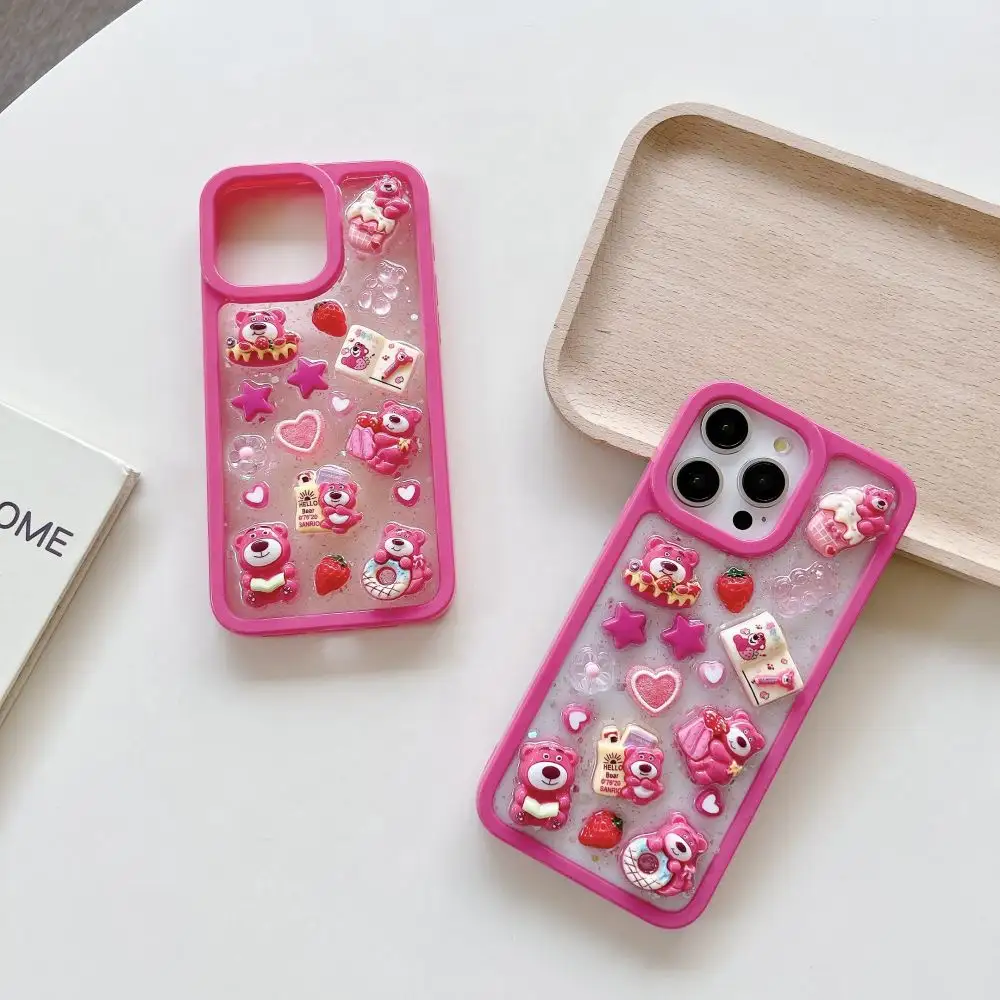 Capa de TPU Soft para iPhone 11 14 13 12 15 Pro Max, capa de urso de morango 3D epóxi transparente, capa de celular fofa de urso vermelho rosa