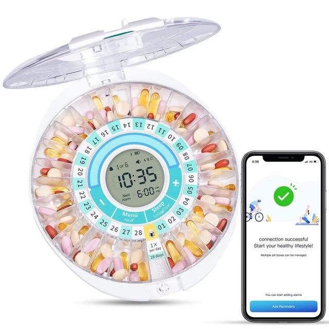 Intelligent Electronic for Bluetooth Medicine Reminder 28 Grid Automatic Turntable Timing Alarm Clock Household Pill Timer