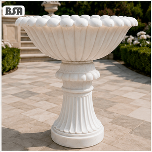 Pot de fleurs sur piédestal en marbre blanc européen, jardinière en pierre cannelée de style romain pour décoration extérieure de villa et de jardin BSAMSF-00034 Fabriqué en Na - Product Image 1