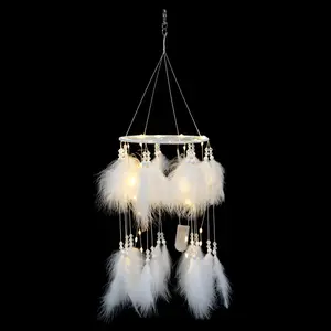 Factory Price LED Lantern Catcher Dream Net White Feather Lighting Pendant Creative Dream Mesh Wind Bell Decorative Wind Chimes