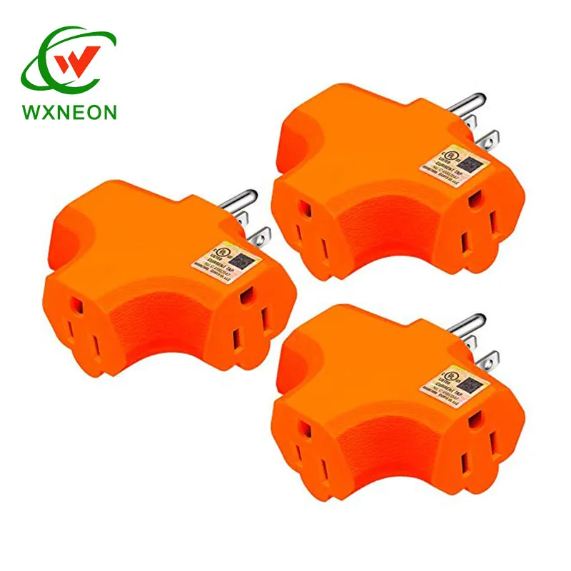 Orange 125V Home Use Plastic 3 Way Outlet Wall Plug Adapter T Shaped Wall Socket Plug