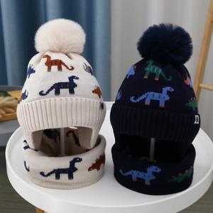 Ensemble <span class=keywords><strong>bonnet</strong></span> et écharpe d'hiver unisexe pour bébé et tout-petit, tricoté, doublé polaire, avec <span class=keywords><strong>pompon</strong></span>, oreilles de dinosaure, cache-oreilles et cache-cou, modèle courant - Product Image 1