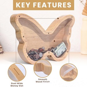 Hucha de madera con forma de mariposa, hecha a mano, caja de almacenamiento de monedas para uso doméstico, caja de dinero portátil - Product Image 3