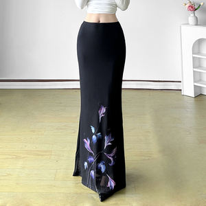 Jupe longue à imprimé floral, à fente, en maille double couche, pour femme, coupe ajustée, tissu drapé, design doublé, ourlet irrégulier, tendance - Product Image 3