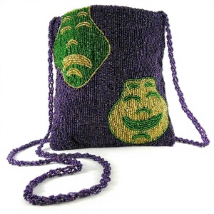 Bolso de Hombro Verde con Cuentas para Mardi Gras, con Cadenas, Cierre de Cremallera, Patrón de Piedras, Bordado de Máscara Dorada y Verde - Product Image 1