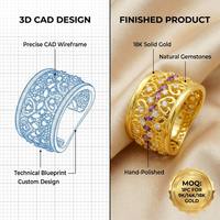 Anillo de Oro 18K con Amatista y Diamante de Laboratorio en Forma de Corazón Hueco, Venta al Por Mayor |   Marca Privada Personalizada Romantique Bridal