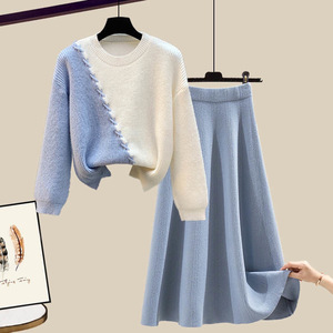 Ensemble deux pièces décontracté pour <span class=keywords><strong>femme</strong></span> grande taille 2026, motif géométrique, <span class=keywords><strong>pull</strong></span> tricoté et jupe ample amincissante, automne-hiver - Product Image 2