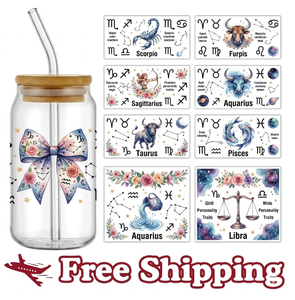 Envío Gratis: Adhesivo de Transferencia UV DTF Zodiac para Vasos Libbey de 16oz, Resistente al Agua, para Aplicar Fácilmente - Product Image 1