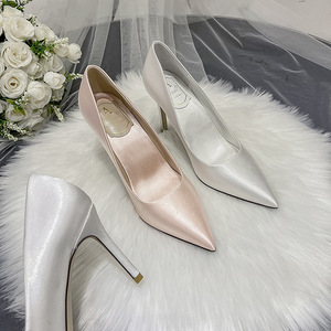 Zapatos de Novia para Boda, Tacones Altos Blancos de Verano para Mujer, Zapatos de Satén Tipo Stiletto para Vestido, Zapatos de Dama de Honor Color Champán - Product Image 3