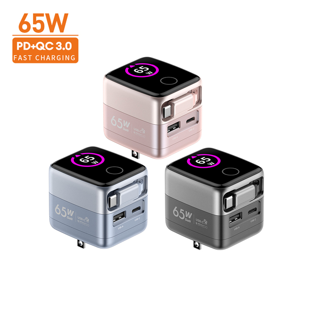 New Trend Factory GaN 65W with Screen EU UK US Plug Mobile Phone GAN Power Adapter PD Fast Charger with Retractable TYPE C Cable