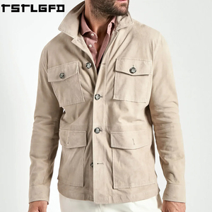 Oem Odm <b>Suede</b> Field <b>Jacket</b> <b>Men</b> Taupe Stand Collar Four Pocket Windbreaker Streetwear Outerwear Manufacturers Bulk - Product Image 1