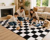 Tapis d'intérieur classique à carreaux noir et blanc lavable, à poils ras, léger, avec envers antidérapant, tissé plat, pour salon