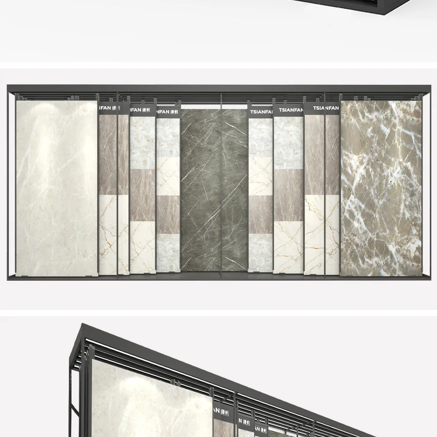 Customized Panel Size Large Sliding Tile Display Rack Showroom Sample Plate Quartz Granite Marble Stone Push Pull Stand Exhibit