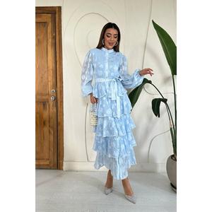 Robe trapèze superposée bleu ciel à taille naturelle en tissu translucide pour usage quotidien décontracté - Product Image 4