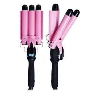 Professional Customized Waver Pink Ceramic Triple Barrels Curling Iron Electric Wave PTC Heater 3 Barrels LCD Magic Hair Curler