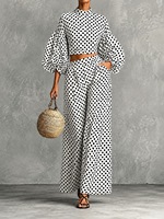 Vente en gros directe usine : Ensemble haut à manches lanternes à pois et pantalon large taille haute avec logo personnalisé