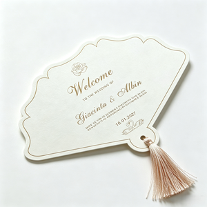Carte d'invitation de mariage en forme d'<span class=keywords><strong>éventail</strong></span> Qiaohan estampillée or avec impression numérique sur papier, conception de découpe spéciale personnalisée - Product Image 1